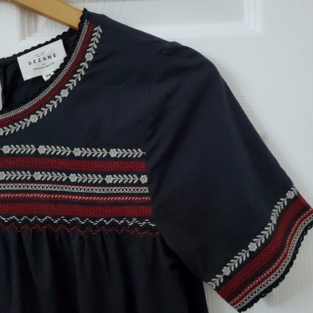 Sezane by Morgane Sezalory Embroidered Boho Navy Cotton Top - Picture 4 of 16